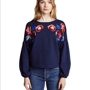 PARKER Beaded Sequin Sweatshirt Floral Embroidered Long‎ Sleeve Blue Red XS New